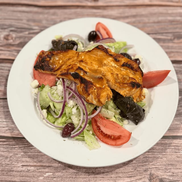 Greek Salad with Grilled Salmon.